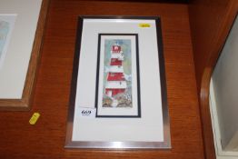 A framed and glazed coloured print depicting a lig
