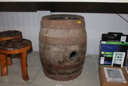 A metal bound wooden barrel