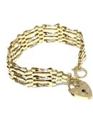 Vintage traditional five bar gate bracelet with padlock and safety chain, 9ct gold, total weight 11.