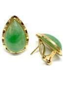 A pair of jade pear cabochon earrings 25 x 15mm, stamped 585 / 14K, stud clip fittings,