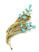 Marquise turquoise brooch 70mm x 30mm, stamped 14K, total weight 8.