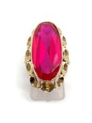 Synthetic ruby ring, approx 30mm x 18mm, foreign marks believed 14ct, overall weight 9.