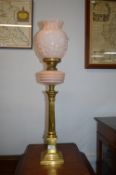 Victorian Brass Pedestal Oil Lamp with Pink Glass Reservoir and Shade