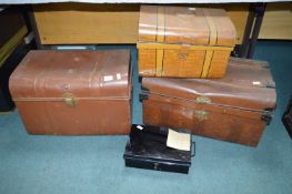 Three Painted Metal Dome Topped Trunks plus a Deed Box