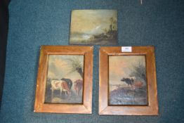Two Oil on Canvas Cattle Scenes, and a Small Oil on Board Hunting Scene