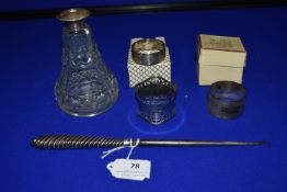 Three Hallmarked Sterling Silver Napkin Rings, Button Hook, and a Scent Bottle