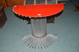 1950’s Chrome Halfmoon Hall Table with Red Glazed Semicircular Top