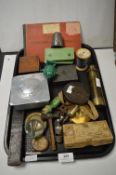 Collectibles Including Binoculars, Tins, and Thimbles Drinking Cup