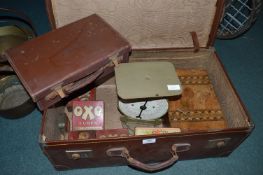 Vintage Travel Case Containing Postal Scales, Work Box, Old Tins, etc.