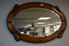 1930’s Oval Carved Oak Framed Bevelled Edge Mirror