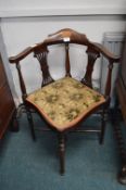 Mahogany Corner Chair with Carved Slats and Floral Upholstery