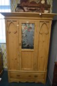 Reclaimed Pine Double Wardrobe with Decorated Central Mirrored Panel