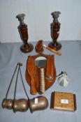 Treenware Including Candlesticks, Cigarette Box, etc.