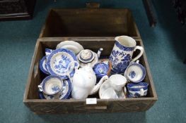 Carved Wooden Dome Topped Box Containing Blue & White Willow Pattern Tableware etc.