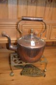 Large Victorian Copper Kettle, plus Brass Stand, and Iron Stand