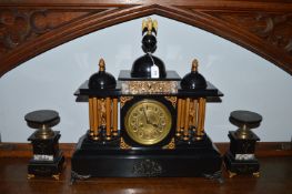 Large Slate Mantel Clock with Gilded Detail and Garnitures