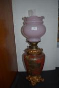 Victorian Oil Lamp with Eastern Style Base and Pink Glass Shade