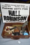 Small Vintage Case Containing Collectibles Including Hull and Local Items, Pocket Watch Mechanism,