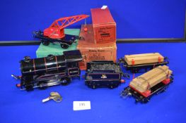 Hornby O Gauge Type 50 Tender BR Clockwork Loco plus Lumber Wagon, Crane Truck, and Timber Wagon