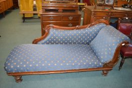 Victorian Carved Mahogany Chaise Lounge with Blue Star Upholstery 2m long