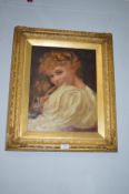 Victorian Oil on Canvas Portrait of a Young Lady in Ornate Gilt Frame Signed DMT