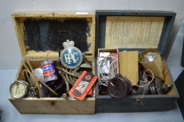 Two Wooden Boxes Containing Cycling and Motoring Parts etc.