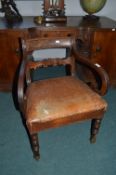 Victorian Carved Mahogany Armchair with Walnut Detail and Leather Upholstery