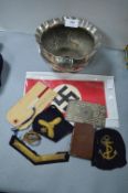 Silver Plated Trench Art Bowl plus Small Military Items Including Reproduction German Armband