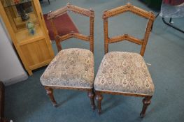 Pair of Victorian Pugin Style Carved Oak Inlaid Chair with Tapestry Upholstery