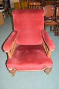 Large Victorian Mahogany Armchair with Burgundy Velvet Upholstery, and Carved Barley Twist Frame