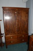 Victorian Mahogany & Walnut Double Wardrobe with Recessed Panels and Three Drawers