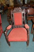 Victorian Ornate Carved Oak Armchair with Burgundy Upholstery