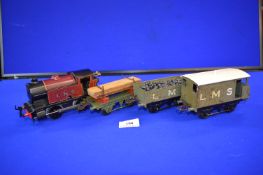 Hornby O Gauge 101 LMS Clockwork Loco plus Lumber Wagon, Coal Wagon, and Brake Van
