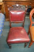 Victorian Carved Oak & Mahogany Side Chair with Burgundy Vinyl Upholstery