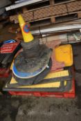 Pallet of Assorted Barriers, Signs, Manhole Covers, Cones, etc.