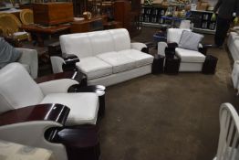 Three Piece White Leather Suite Comprising Three Seat Settee and Two Armchairs (art deco style)