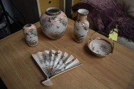 Five Pieces of Saint Michael Pottery Including Vases, Fan, and Bowl with Handle