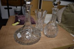 Two Cut Lead Crystal Decanters and a Vase