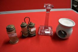 Cruet Set (AF), Oil Burner, and a Glass Candlestick