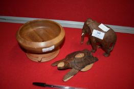 Carved Wooden Elephant, Turtle, and a Musical dish