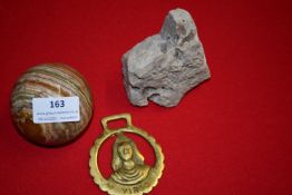 Glass Paperweight, Rock Paperweight, and a Brass Virgo Buckle