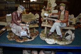 Two Capodimonte Figurines Old Lady with Puppies, and Old Man playing Solitaire