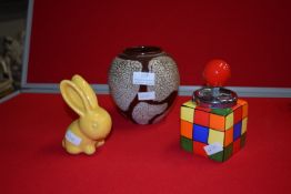 Pottery Rabbit, Vase, and a Rubix Cube Ashtray