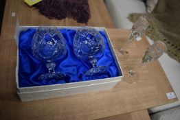 Two Royal Doulton Crystal Brandy Glasses, and Two Crystal Candlesticks