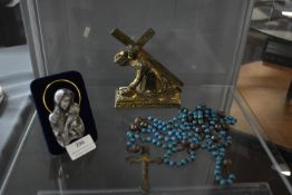 Beaded Crucifix, Brass Figure of Christ, and a Madonna & Child