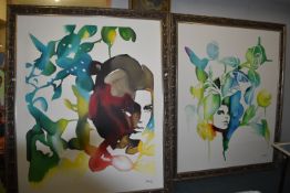 Pair of Large Acrylic on Canvas Abstract Portraits by Jones 2011