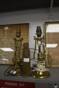 Two Brass Vintage Lamps Mounted on Gimbles plus Spill Vase