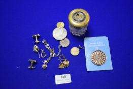 Cufflinks, Coinage, Glass Pot, etc.