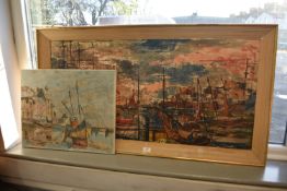 Small Unframed Oil on Canvas Abstract Shipping Scene by Flint