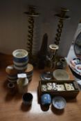 Pair of Brass Candlesticks, Greens Storage Jars, etc.
